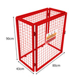 Robuster, zusammenklappbarer Gasflaschenschrank in leuchtendem Rot, mit einem stabilen Gitterdesign, ideal für die sichere Lagerung von Gasflaschen