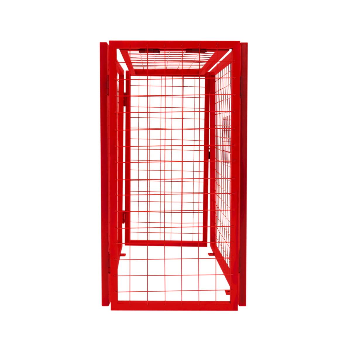 Zusammenklappbarer Gasflaschenschrank in leuchtendem Rot, mit stabilen Gitterwänden und kompakten Maßen von 90cm x 80cm x 43cm, ideal für sichere Lagerung