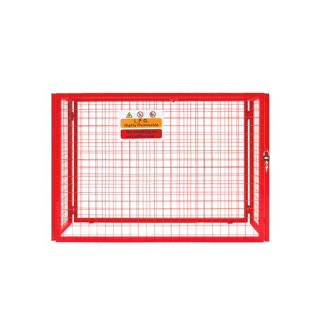 Zusammenklappbarer Gasflaschenschrank in leuchtendem Rot, aus robustem Metallgitter, mit Sicherheitswarnungen und abschließbarem Zugang, ideal für die sichere Lagerung von Gasflaschen