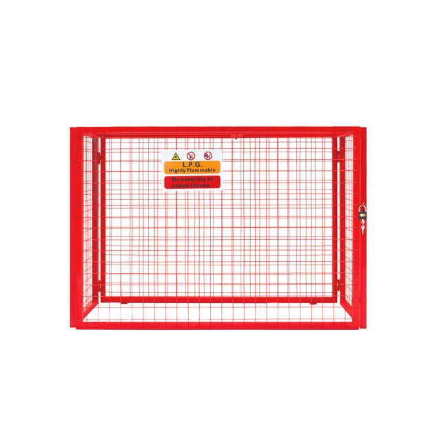 Zusammenklappbarer Gasflaschenschrank in leuchtendem Rot, aus robustem Metallgitter, mit Sicherheitswarnungen und abschließbarem Zugang, ideal für die sichere Lagerung von Gasflaschen
