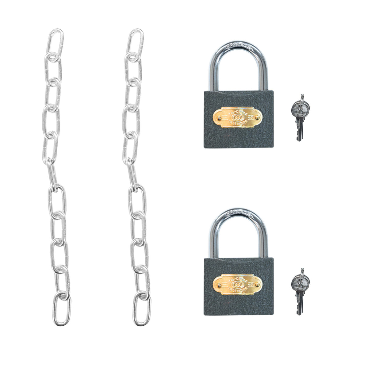Zwei robuste Vorhängeschlösser mit goldenen und silbernen Ketten, ideal für die sichere Aufbewahrung von Gasflaschen im zusammenklappbaren Schrank