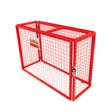 Zusammenklappbarer Gasflaschenschrank in leuchtendem Rot, aus robustem Metallgitter, mit sicherem Schloss und Warnschild, ideal für die sichere Aufbewahrung von Gasflaschen