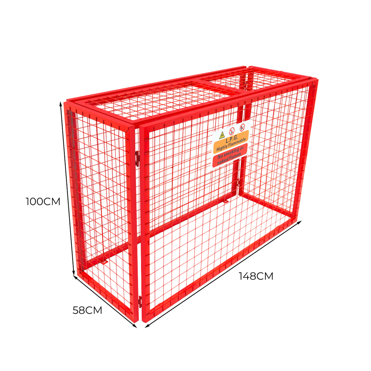 Robuster, zusammenklappbarer Gasflaschenschrank aus rotem Metallgitter, 100cm hoch, 140cm breit, 50cm tief, ideal für sichere Lagerung von Gasflaschen