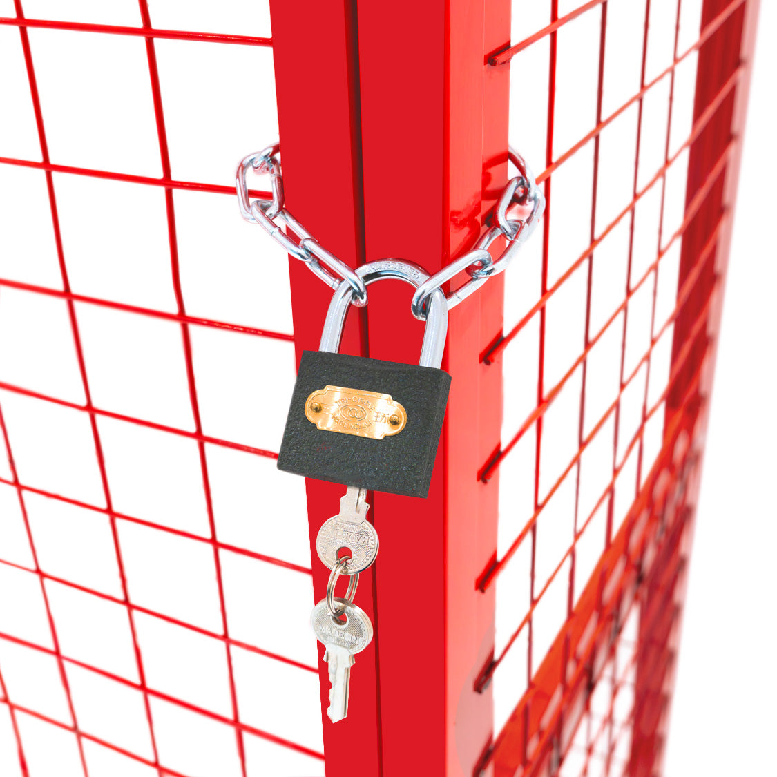 Roter, zusammenklappbarer Gasflaschenschrank mit einem stabilen Schloss und Schlüssel, ideal für die sichere Aufbewahrung von Gasflaschen
