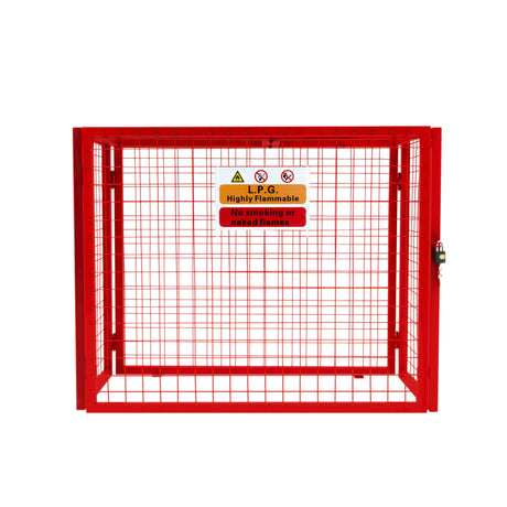 Zusammenklappbarer Gasflaschenschrank in leuchtendem Rot, mit stabilen Metallgittern, Sicherheitswarnungen und einem robusten Schloss für sicheren Lagerplatz