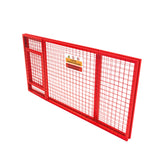Zusammenklappbarer Gasflaschenschrank in leuchtendem Rot, aus robustem Metallgitter, mit Sicherheitswarnhinweisen und praktischer Klappfunktion