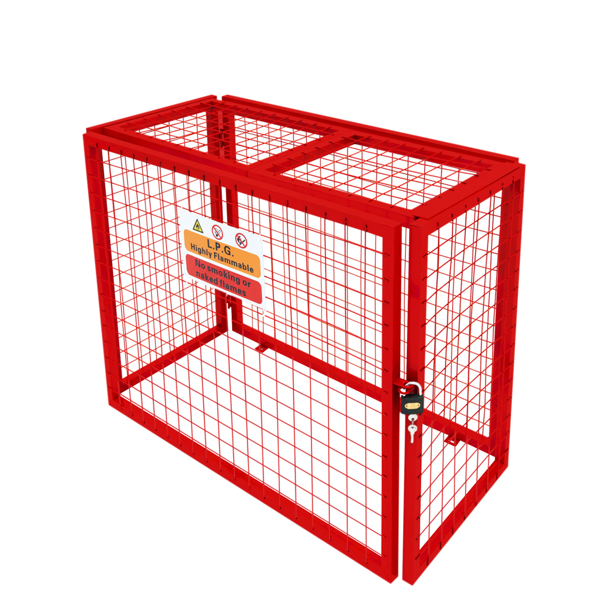 Zusammenklappbarer Gasflaschenschrank in leuchtendem Rot, aus stabilem Metallgitter, mit sicherem Schloss und Warnhinweisen für die sichere Lagerung von Gasflaschen