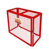 Zusammenklappbarer Gasflaschenschrank in leuchtendem Rot, aus stabilem Metallgitter, mit sicherem Schloss und Warnhinweisen für die sichere Lagerung von Gasflaschen