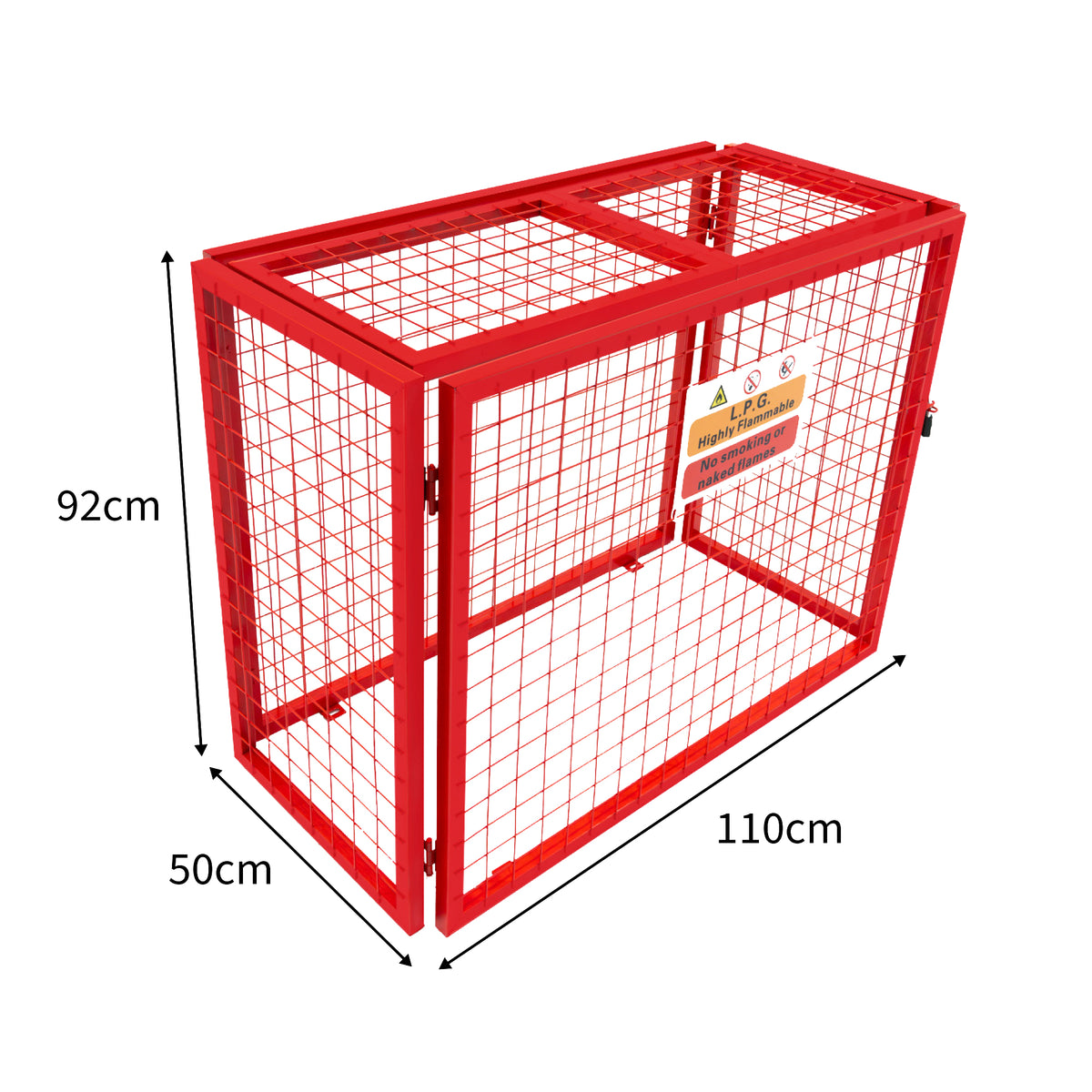 Robuster, zusammenklappbarer Gasflaschenschrank in leuchtendem Rot, mit einem stabilen Gitterdesign, Maße 110cm x 92cm x 50cm, ideal für sichere Lagerung