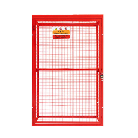 Zusammenklappbarer Gasflaschenschrank in leuchtendem Rot, aus robustem Metall mit Gitterstruktur, sicher verschließbar, ideal für Lagerung von Gasflaschen