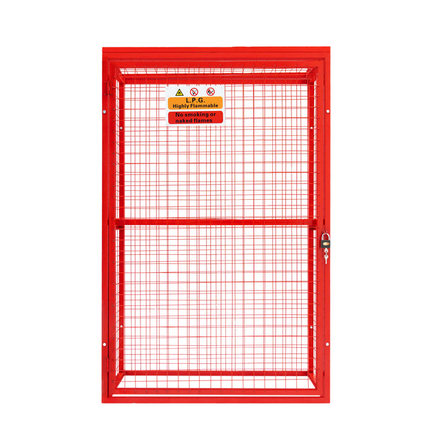 Zusammenklappbarer Gasflaschenschrank in leuchtendem Rot, aus robustem Metall mit Gitterstruktur, sicher verschließbar, ideal für Lagerung von Gasflaschen