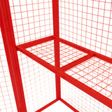 Zusammenklappbarer Gasflaschenschrank aus robustem, pulverbeschichtetem Metall in leuchtendem Rot mit einem stabilen Gitterdesign und zwei Ablageflächen