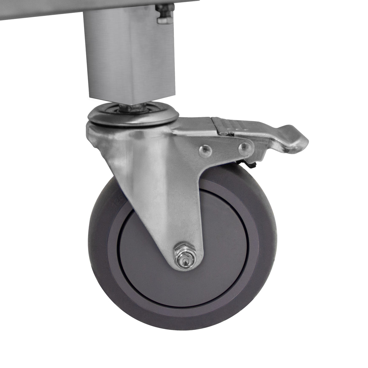 Robuster, grauer Gummi-Rollen mit silbernem Metallgestell, ideal für eine mobile Cocktailbar, sorgen für einfache Mobilität und Stabilität