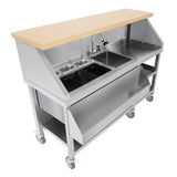 Mobile Cocktailbar Station aus Edelstahl mit Holzarbeitsfläche, zwei Spülbecken, und praktischen Rollen für einfache Mobilität und Nutzung
