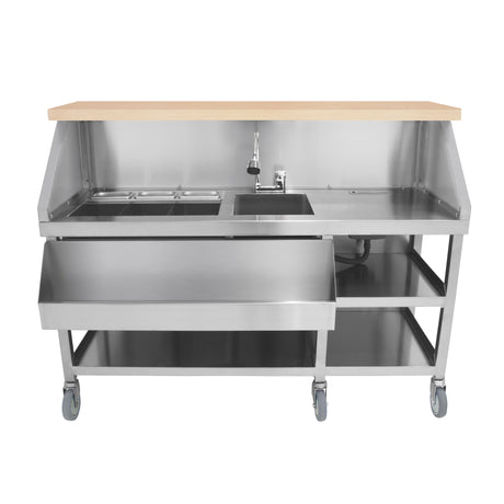 Mobile Cocktailbar Station aus Edelstahl mit Holzarbeitsplatte, zwei Behältern, Spüle und praktischen Ablageflächen auf Rollen