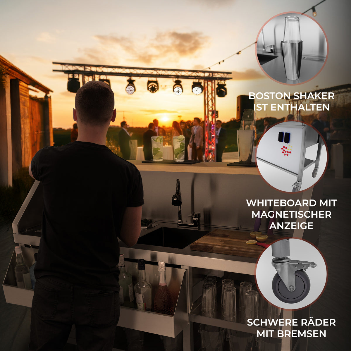 Moderne mobile Cocktailbar Station mit Edelstahl-Oberfläche, integriertem Boston Shaker, Whiteboard und stabilen, bremsbaren Rädern, ideal für Events