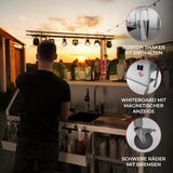 Moderne mobile Cocktailbar Station mit Edelstahl-Oberfläche, integriertem Boston Shaker, Whiteboard und stabilen, bremsbaren Rädern, ideal für Events