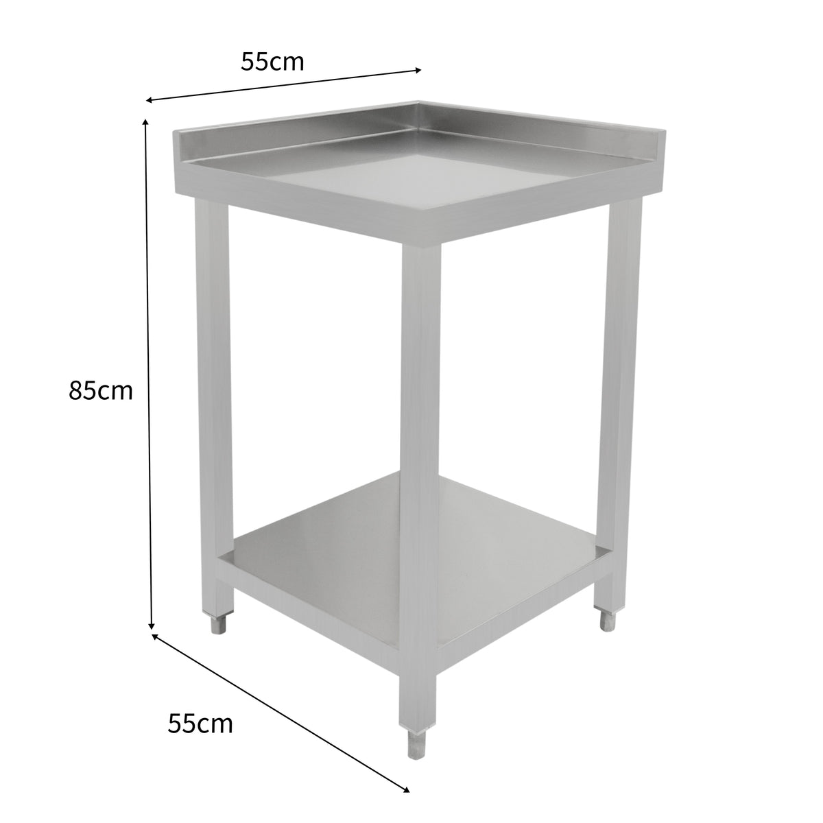 Modulare Cocktailbar-Eckeinheit aus Edelstahl, quadratisch mit einer glatten, glänzenden Oberfläche, 55 cm breit und 85 cm hoch, ideal für Bars und Veranstaltungen