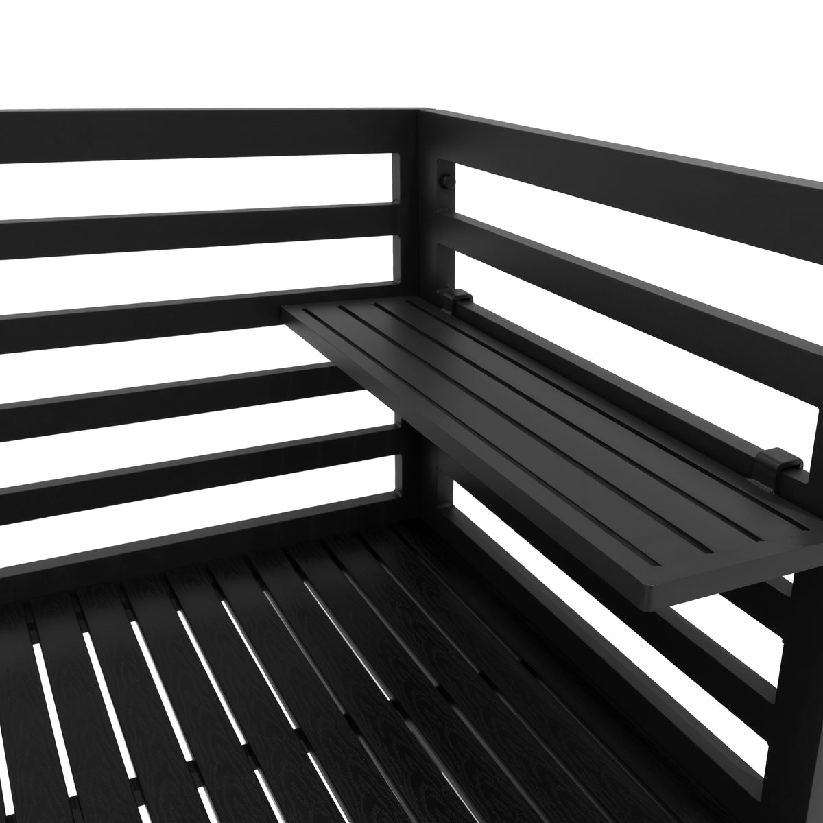 Dunkelgraues, modernes Aluminium-Küchen-Set für den Außenbereich, bestehend aus drei Teilen mit glatten Oberflächen und robustem, wetterfestem Design