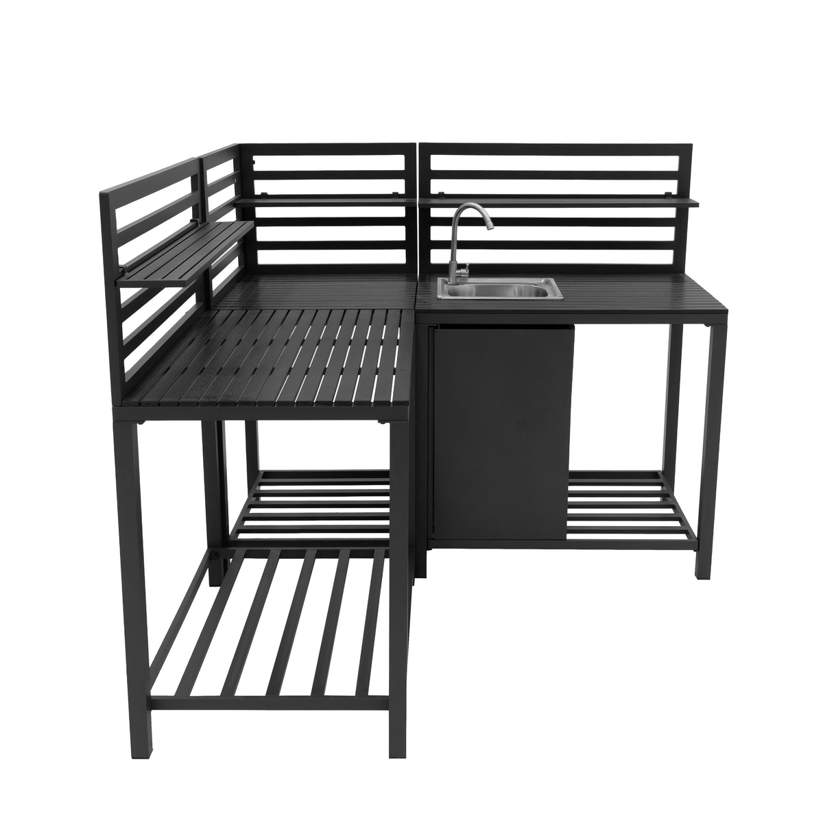 Dunkelgraues, dreiteiliges Aluminium-Küchen-Set für den Außenbereich mit Holzoptik, integriertem Waschbecken und offenen Regalen für optimalen Stauraum