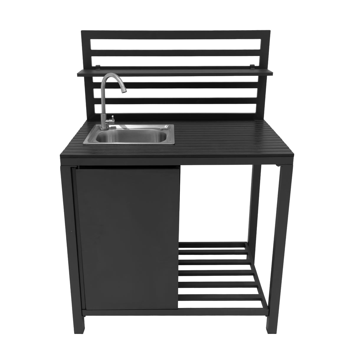 Dunkelgraues, modernes Aluminium-Küchen-Set mit Spüle, offenem Regal und geschlossener Tür, ideal für den Außenbereich, robust und stilvoll
