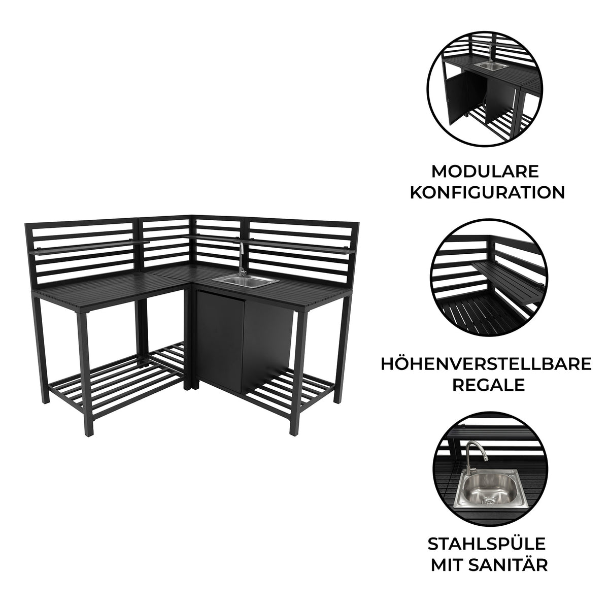 Dunkelgraues, modulares Aluminium-Küchen-Set mit höhenverstellbaren Regalen und integrierter Edelstahlspüle, ideal für den Außenbereich