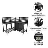 Dunkelgraues, modulares Aluminium-Küchen-Set mit höhenverstellbaren Regalen und integrierter Edelstahlspüle, ideal für den Außenbereich