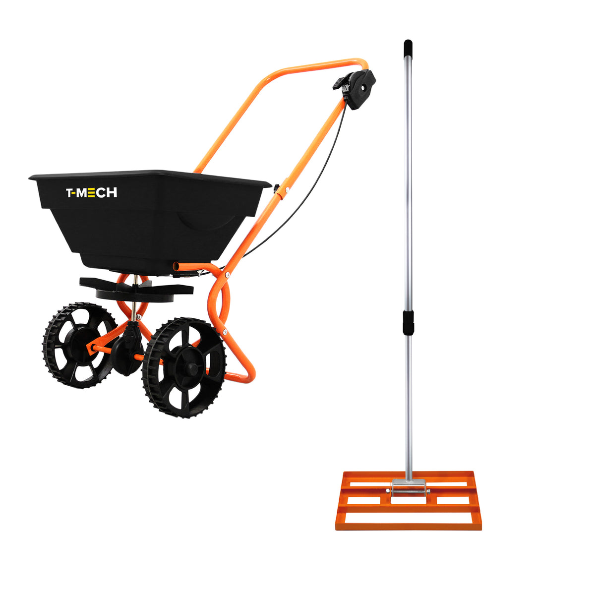 Rasennivellierer und Rotationsstreuer von T-Mech in Orange mit schwarzem Behälter, robusten Reifen und verstellbarem Griff für einfaches Handling