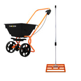 Rasennivellierer und Rotationsstreuer von T-Mech in Orange mit schwarzem Behälter, robusten Reifen und verstellbarem Griff für einfaches Handling