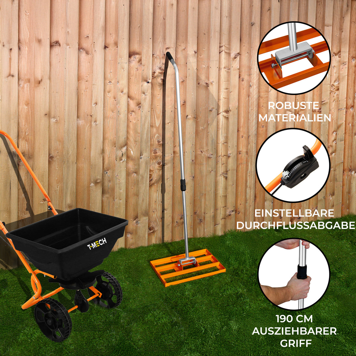 Rasennivellierer und Rotationsstreuer in Orange mit robustem Material, verstellbarer Durchflussabgabe und ausziehbarem Griff, ideal für Rasenpflege