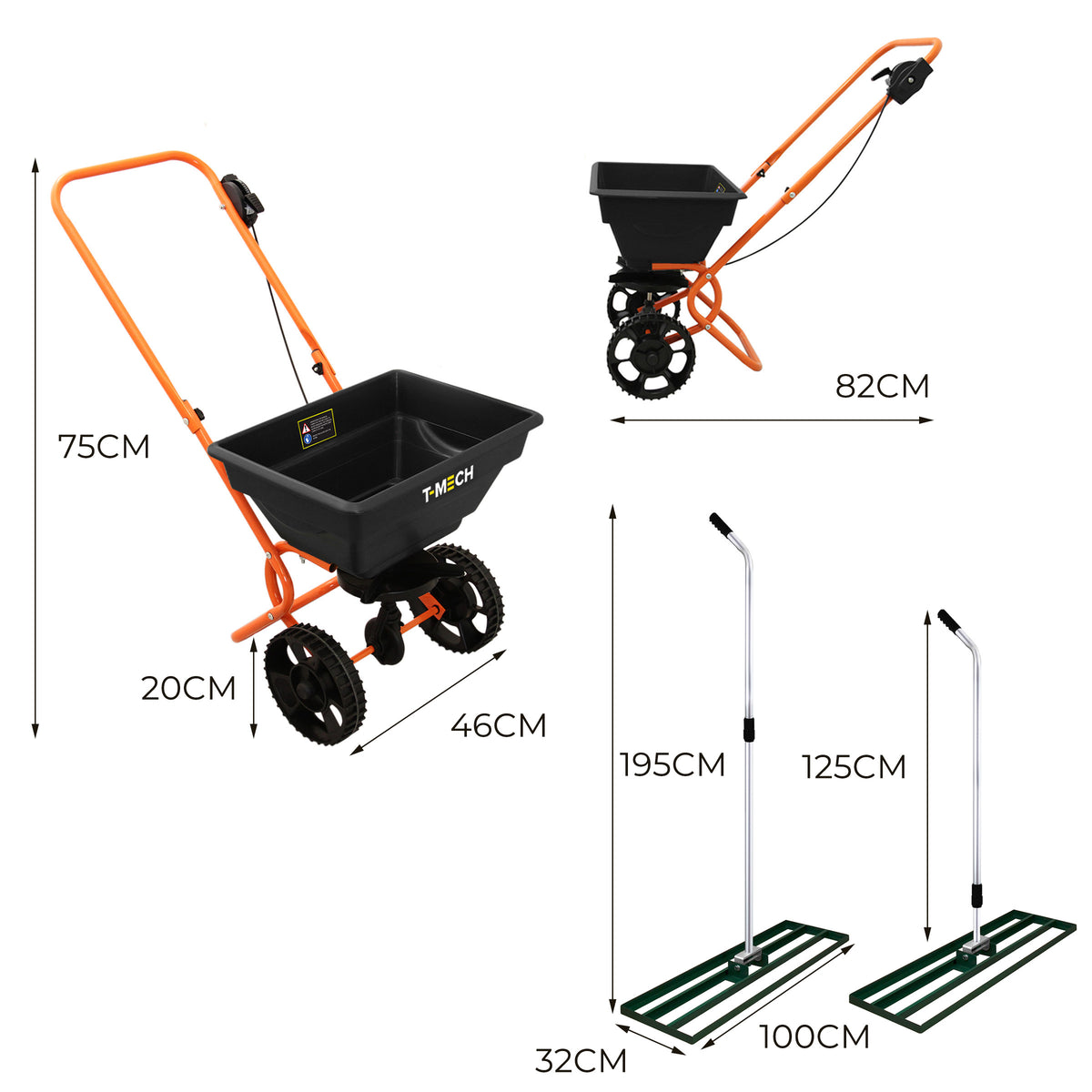 Rasennivellierer und Rotationsstreuer in Grün mit schwarzem Behälter, orangefarbenem Gestell, großen Rädern und ergonomischem Griff, ideal für Gartenarbeiten