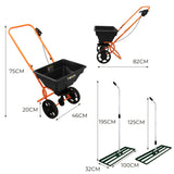 Rasennivellierer und Rotationsstreuer in Grün mit schwarzem Behälter, orangefarbenem Gestell, großen Rädern und ergonomischem Griff, ideal für Gartenarbeiten