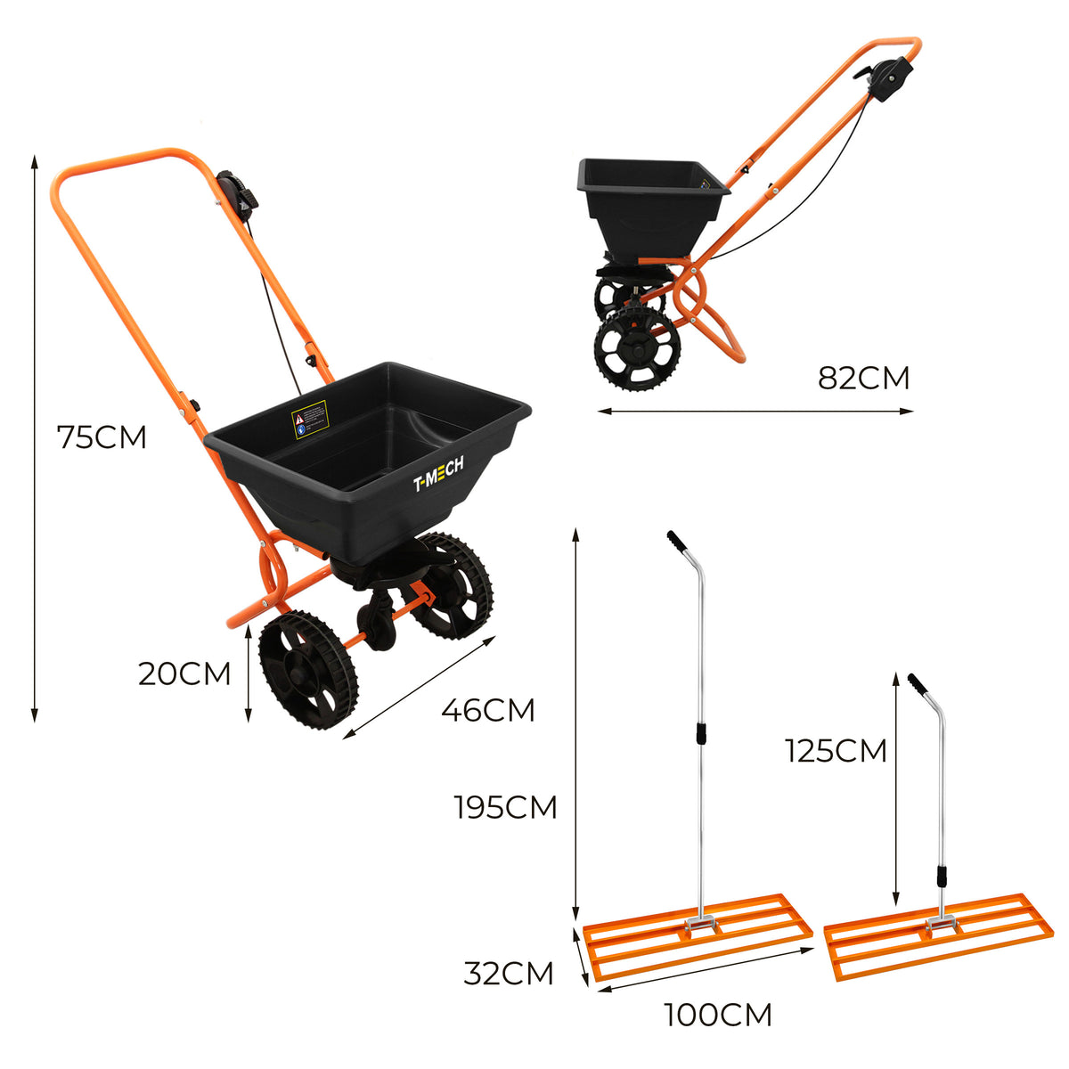 Rasennivellierer und Rotationsstreuer in leuchtendem Orange mit robustem schwarzen Behälter, großen Rädern und verstellbarem Griff für einfache Handhabung