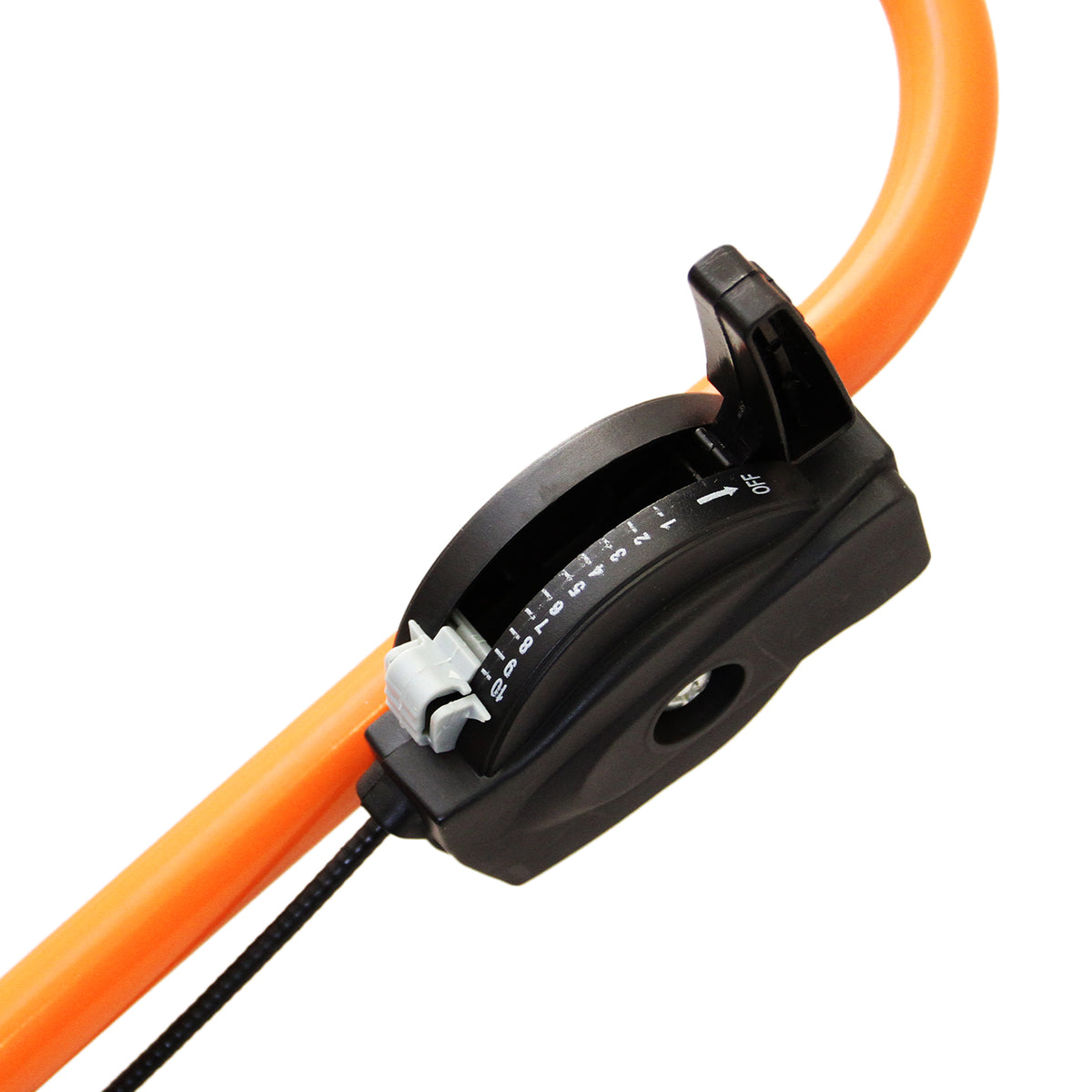 Rasennivellierer und Rotationsstreuer mit orangefarbenem Griff, präziser Einstellmechanismus und robustem schwarzen Gehäuse für einfache Handhabung