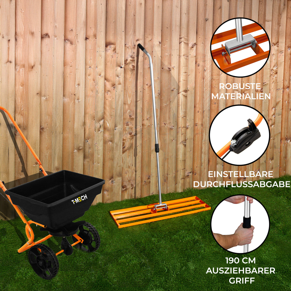 Rasennivellierer und Rotationsstreuer in Orange mit robustem Material, verstellbarer Durchflussabgabe und 190 cm ausziehbarem Griff, ideal für Rasenpflege