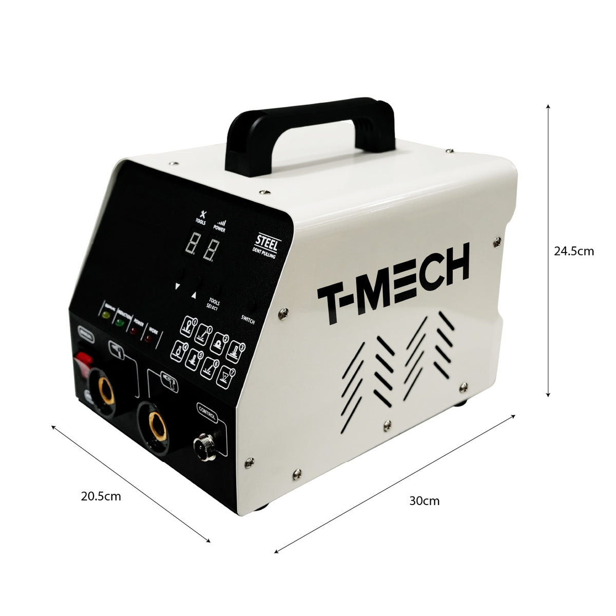Weiße Ausbeulenzieher-Maschine mit schwarzem Bedienfeld, T-MECH-Logo, verschiedenen Anschlüssen und einem robusten Tragegriff, Maße 30x20,5x24,5 cm