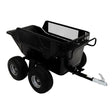 Kippbarer Anhänger für ATV/Quad in Schwarz, mit 4 robusten Gummireifen, stabiler Metallkonstruktion und praktischem Netzgitter für zusätzliche Sicherheit