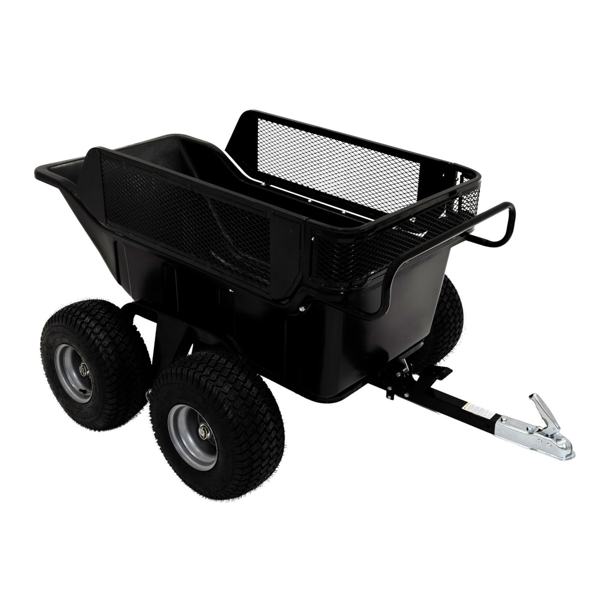 Kippbarer Anhänger für ATV/Quad in Schwarz, mit 4 robusten Gummireifen, stabiler Metallkonstruktion und praktischem Netzgitter für zusätzliche Sicherheit