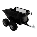 Kippbarer Anhänger für ATV/Quad in Schwarz, mit 4 robusten Gummireifen, stabiler Metallkonstruktion und praktischem Netzgitter für zusätzliche Sicherheit