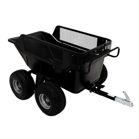 Kippbarer Anhänger für ATV/Quad in Schwarz, mit 4 robusten Gummireifen, stabiler Metallkonstruktion und praktischem Netzgitter für zusätzliche Sicherheit