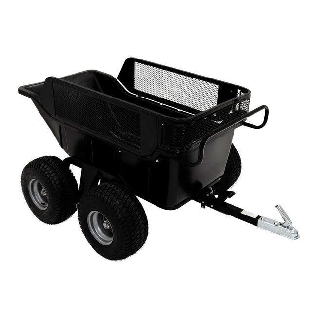 Kippbarer Anhänger für ATV/Quad in Schwarz, mit 4 robusten Gummireifen, stabiler Metallkonstruktion und praktischem Netzgitter für zusätzliche Sicherheit
