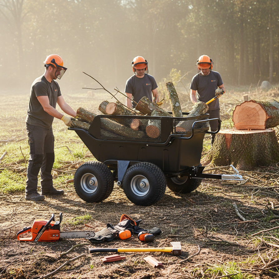 Kippbarer ATV/Quad Anhänger mit vier robusten Rädern, beladen mit Holzstämmen, umgeben von Waldarbeitern in Schutzhelmen und Werkzeugen