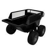 Kippbarer Anhänger für ATV/Quad mit vier robusten Gummireifen, schwarzem Metallrahmen und einem stabilen, offenen Korbdesign für vielseitige Nutzung