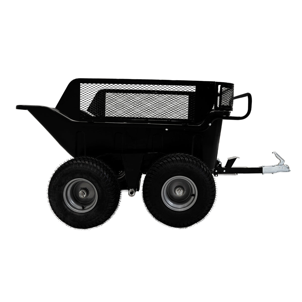 Kippbarer ATV/Quad Anhänger mit robustem schwarzen Kunststoffkörper, stabilen Gummireifen und einem praktischen Metallgitter auf der Ladefläche