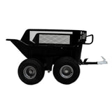 Kippbarer ATV/Quad Anhänger mit robustem schwarzen Kunststoffkörper, stabilen Gummireifen und einem praktischen Metallgitter auf der Ladefläche