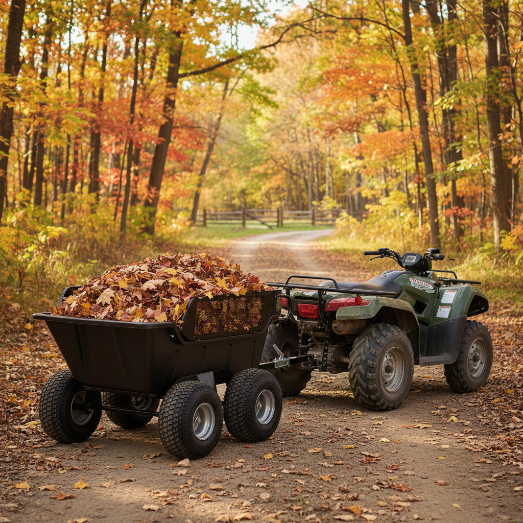 Kippbarer Anhänger für ATV mit vier Rädern, beladen mit bunten Herbstblättern, auf einem schmalen Waldweg umgeben von herbstlichen Bäumen