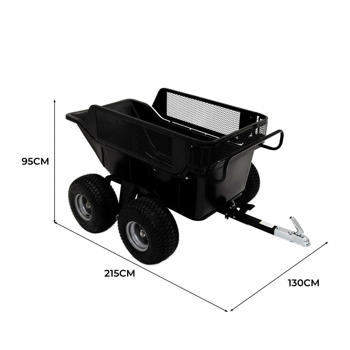 Kippbarer Anhänger für ATV/Quad in Schwarz, mit robusten Gummireifen, Netzgitter und praktischer Zugvorrichtung, Maße 215x130x95 cm