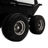 Kippbarer Anhänger für ATV/Quad mit robusten, profilierten Gummireifen, stabiler Metallstruktur und praktischem Netzgitter für optimale Belüftung