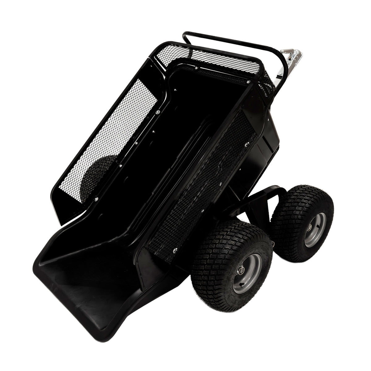 Kippbarer Anhänger für ATV/Quad in Schwarz mit robusten Gummireifen, Metallgitter und geräumiger Ladefläche für vielseitige Anwendungen