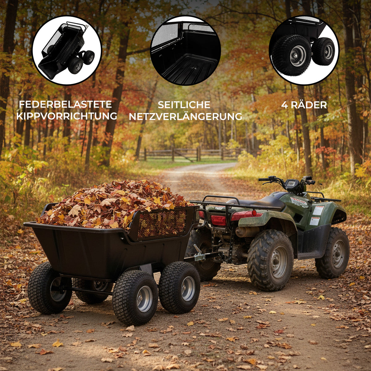 Kippbarer Anhänger für ATV/Quad mit 4 robusten Rädern, ideal zum Transport von Laub, in einer herbstlichen Landschaft mit bunten Blättern